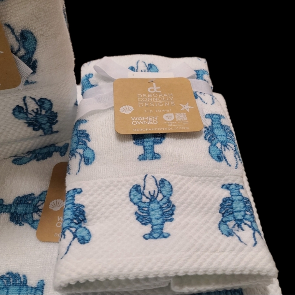 6pc Coastal Blue Lobster Bath Hand Tip/Washcloth Towel Set Deborah Connolly New - Picture 3 of 8